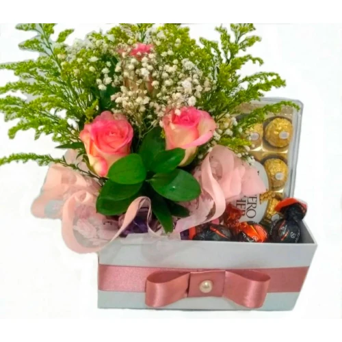 Cesta Presente Caixa de Flores com Chocolate